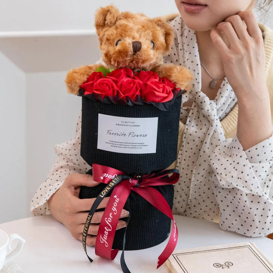 Rose Bouquet with Bear – Artificial Flower Gift