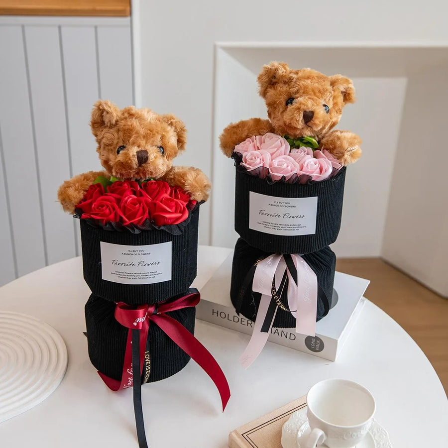 Rose Bouquet with Bear – Artificial Flower Gift