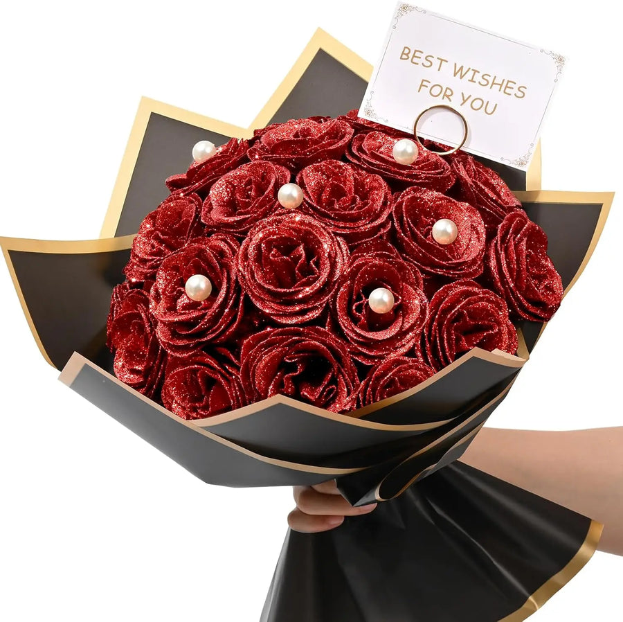 Red Glitter Rose Bouquet Gift Set (24pcs Artificial Roses)