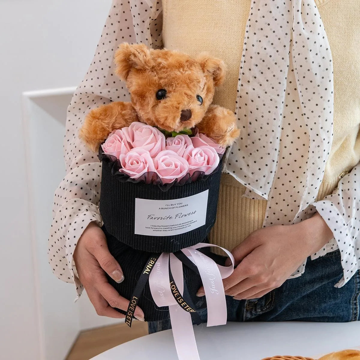 Rose Bouquet with Bear – Artificial Flower Gift