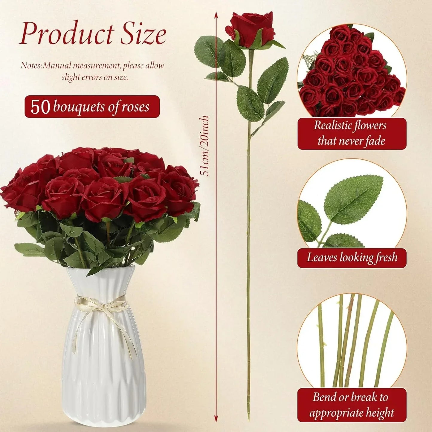 Velvet Real-Touch Roses – 50pc Bouquet Set
