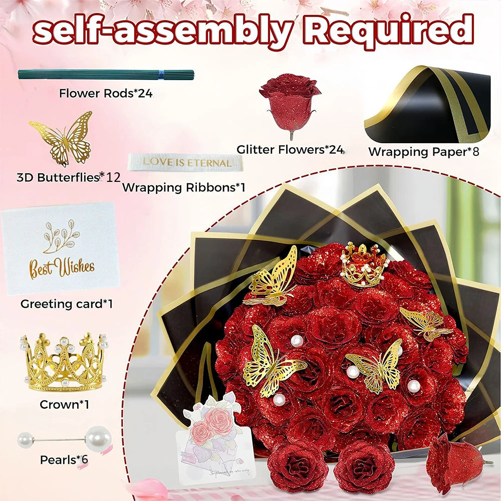 Red Glitter Rose Bouquet Gift Set (24pcs Artificial Roses)
