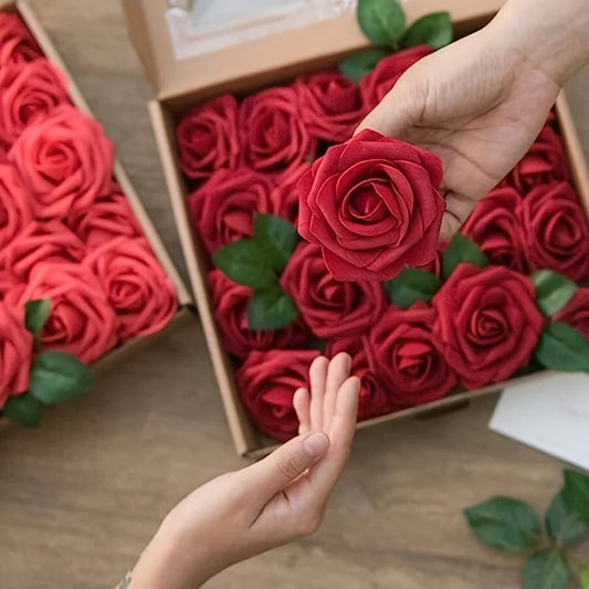 Artificial Rose Bouquet Set with Stems (25pcs, Red)